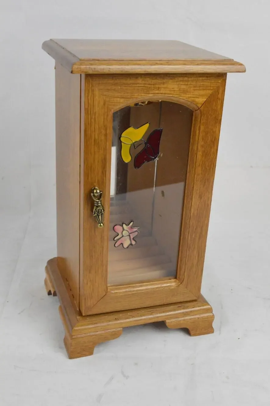 Vintage Wood Jewelry Armoire Cabinet Mirror Glass Door Necklace Box 10